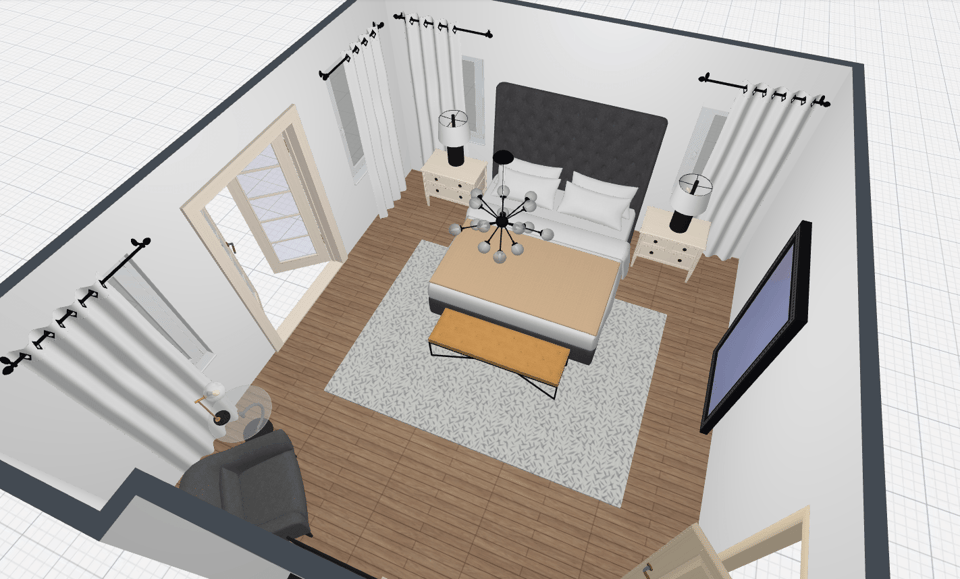 Planner 5D rendering of a digital bedroom space plan with bed, nightstands, lamps, lighting, curtains, balcony doors, and a sitting area