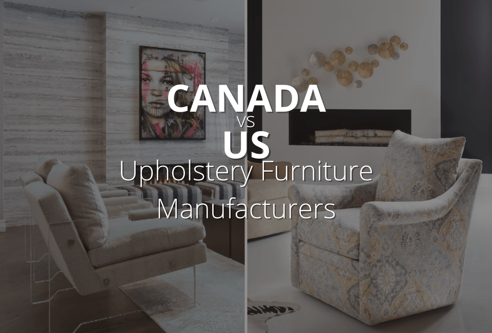 comparison picture of a Canadian made chair and American made chair with text saying Canada vs US upholstery furniture manufacturers