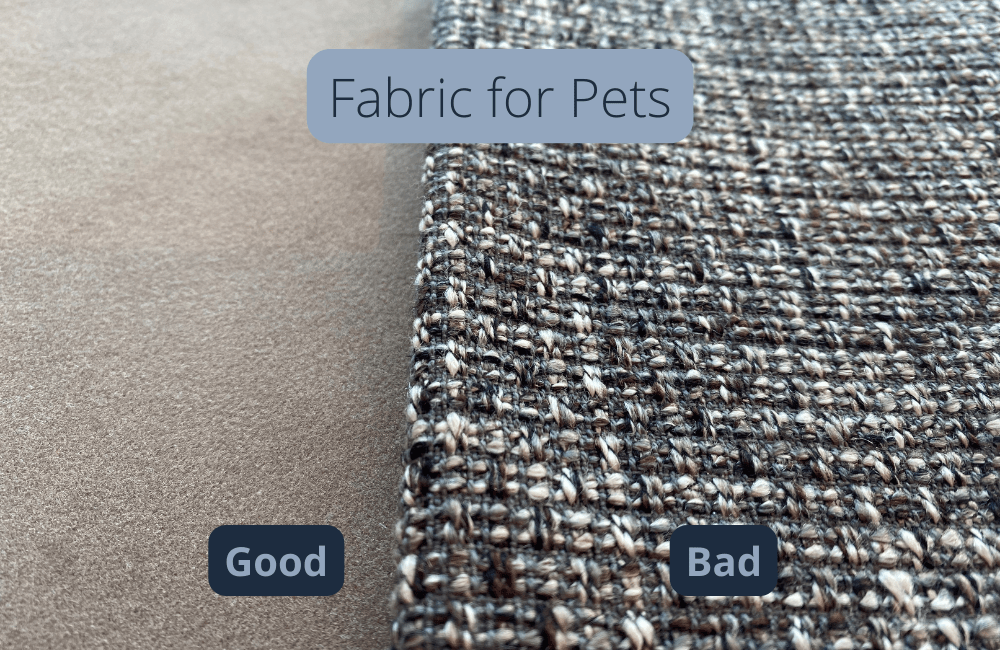 comparison picture of two fabrics, one is good for pets because of its tight, flat weave, and the other is bad because of the tweed