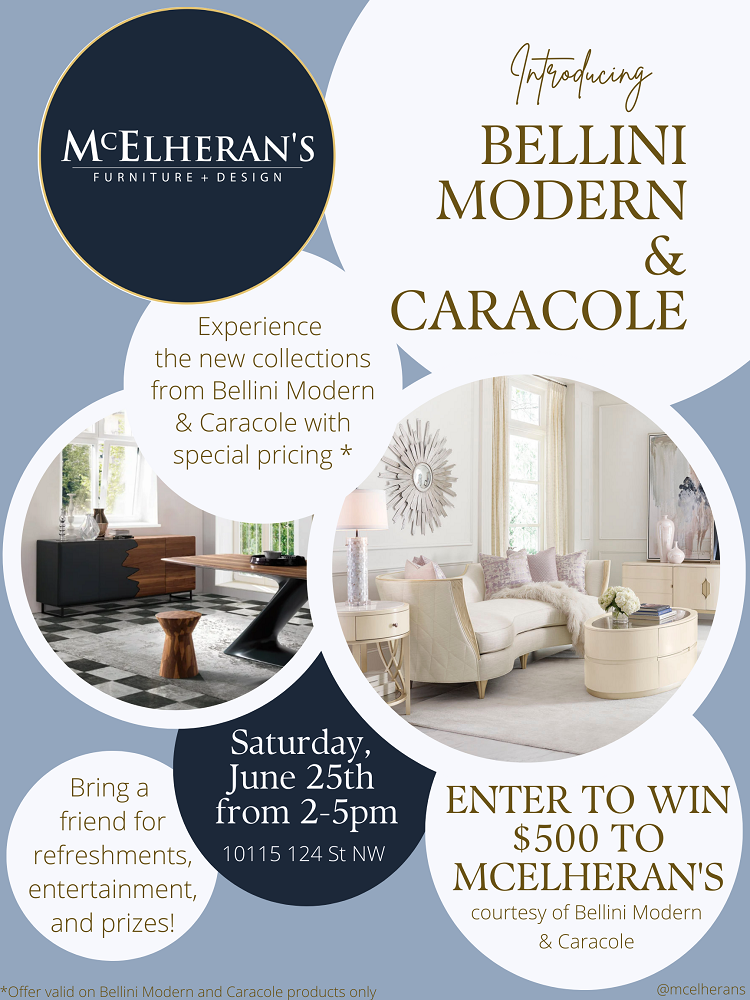 event flyer promoting furniture collections Caracole and Bellini Modern with examples