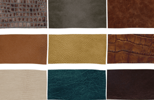 collage of nine different types of leather, varying in colour and pattern