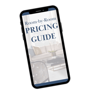 iPhone showing a furniture pricing manual that reads: Room-by-Room Pricing Guide