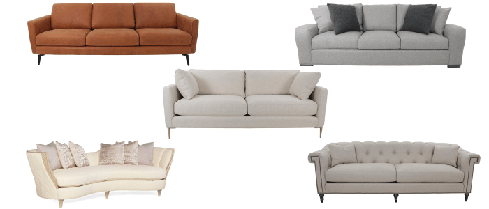 five sofas ranging in style and colour