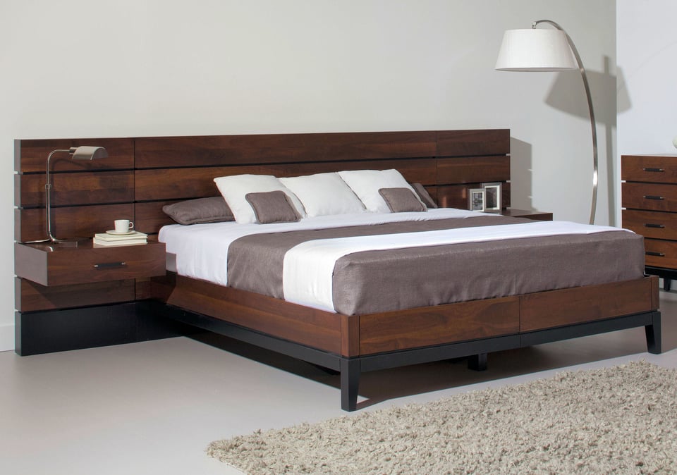 bedroom suite with wooden frame and headboard and floating nightstands