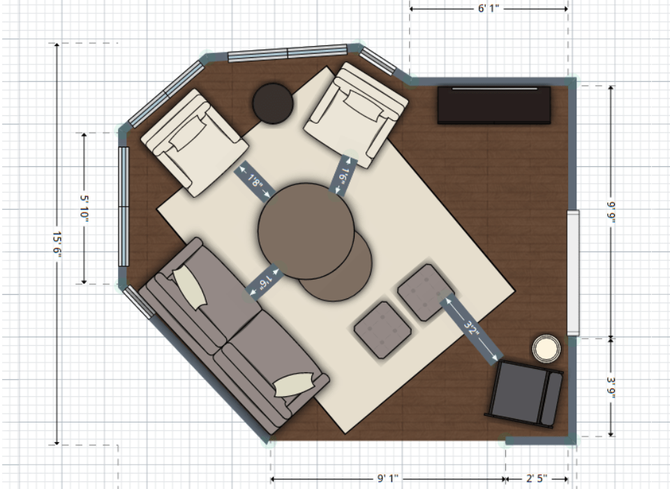 space plan computer image of a rendering of a living room