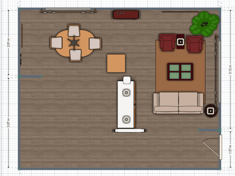 digital representation of a space of a living room and dining area next to a kitchen