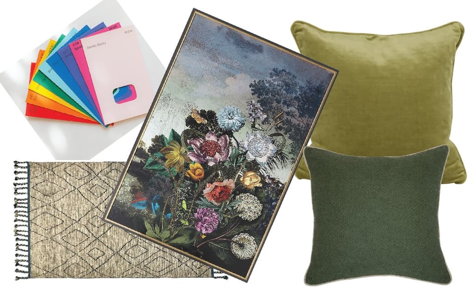 design inspiration with wall art surrounded by pillows and colour swatches with an accent rug