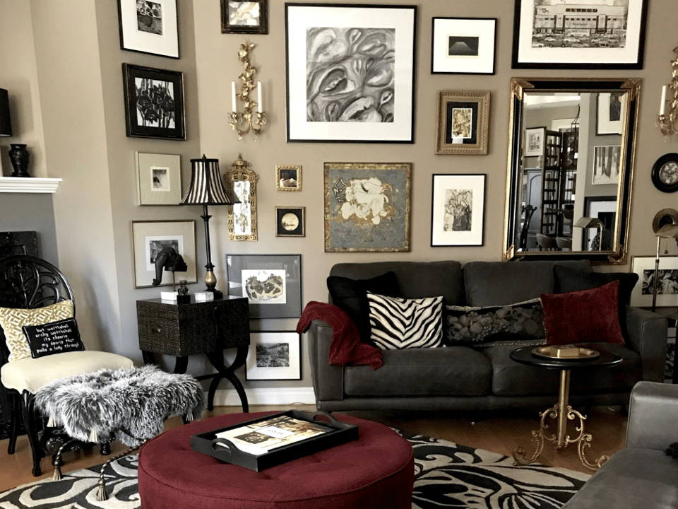 picture of a clients living room adopting the maximalism principles of a lot of design, texture, and pattern