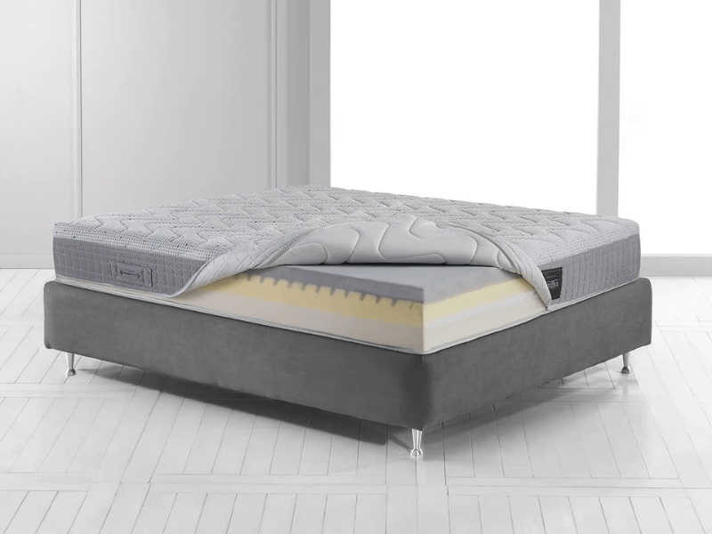 Magniflex mattress with the topper pulled back to show the inner-workings of the foam