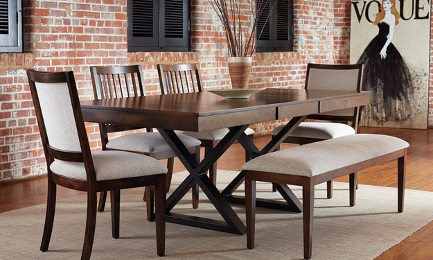 dining room with rectangular wood table, four chairs and one upholstered bench