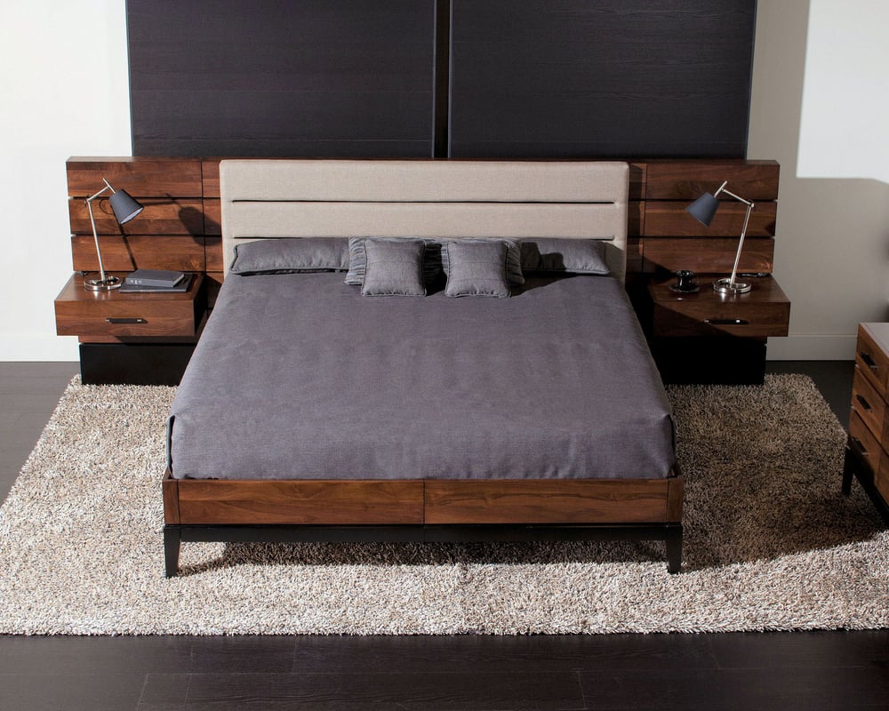 solid wood bedroom set with platform bed, floating night standings, and partially upholstered headboard
