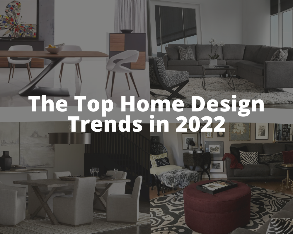a collage of four different home design styles with text over top reading the top home design trends in 2022