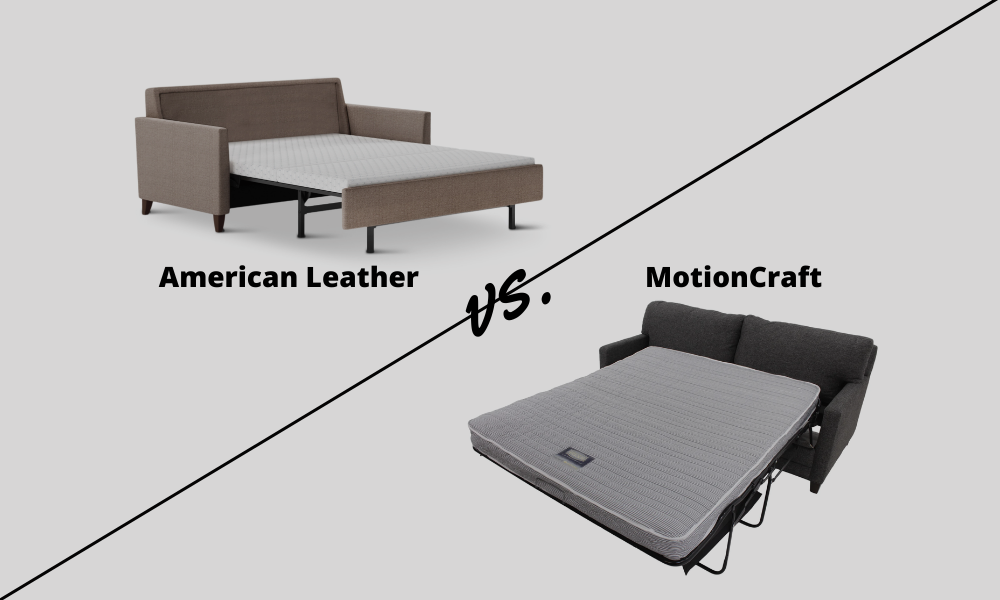 comparison image of an american leather pulled out sleeper sofa against a MotionCraft pulled out sleeper sofa