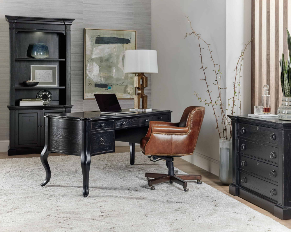 Hooker office furniture setting with writing desk, rolling leather office chair, matching bookshelf and dresser
