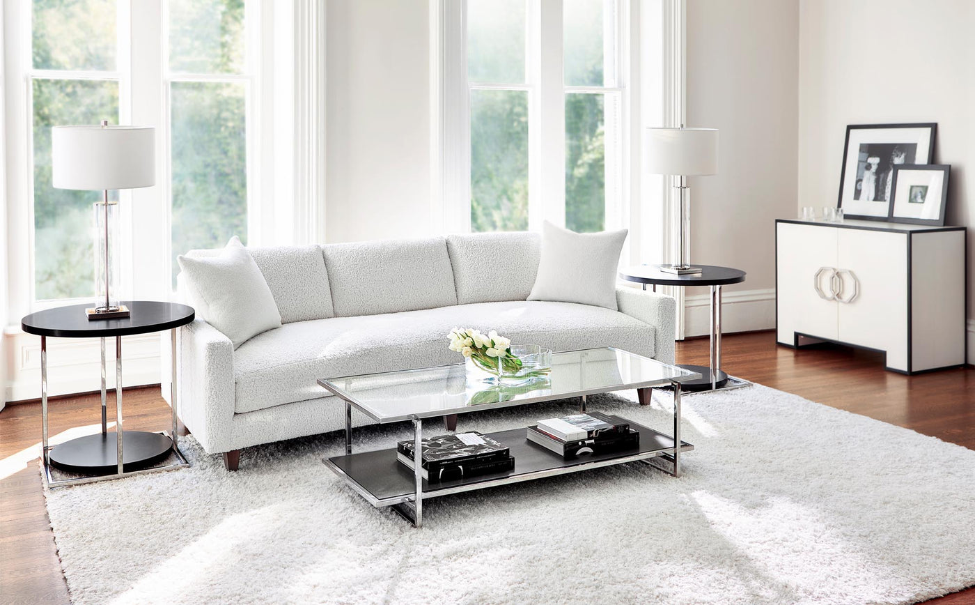 Bernhardt white sofa with side tables and coffee table over white rug