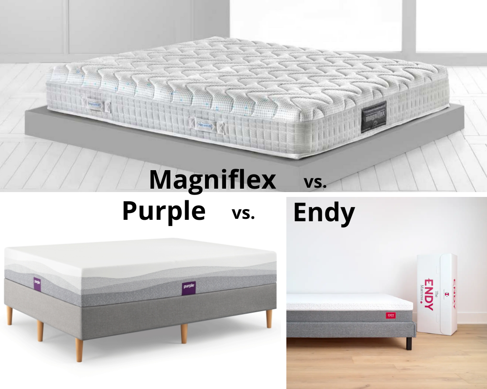 Comparison picture of Magnifex, Purple, and Endy bed-in-a-box mattress brands with texting implicating the comparison