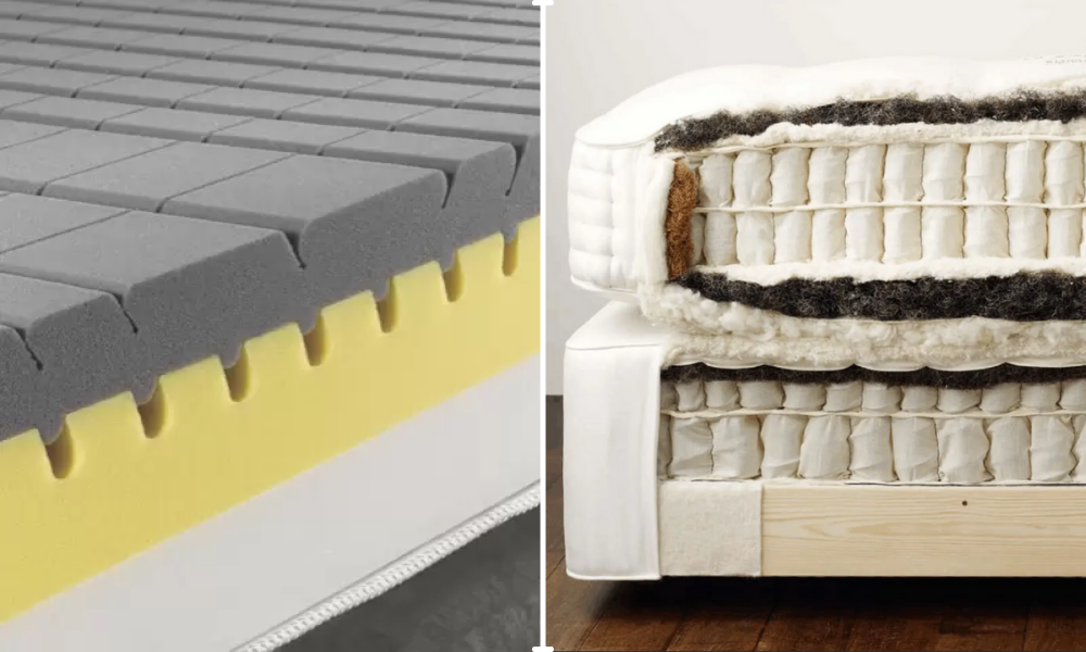 side-by-side comparison of a foam mattress and an innerspring mattress