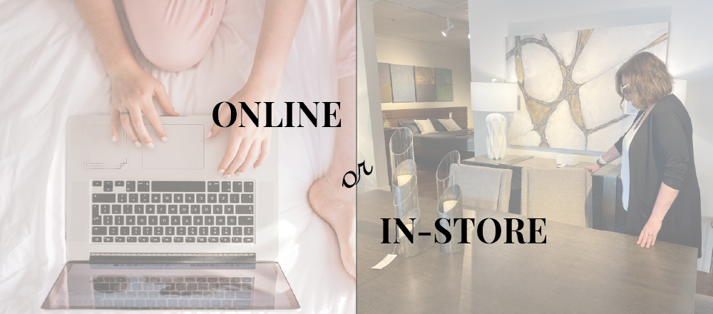  comparison picture of woman on her laptop in bed and woman shopping inside a furniture store